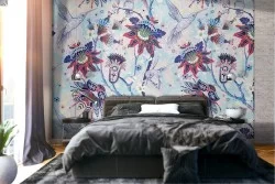 Carta da Parati fiori vintage blu natura pattern.