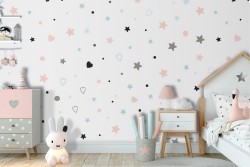Wallpaper with stylized stars and hearts for children.