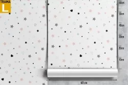 Wallpaper with stylized stars and hearts for children.