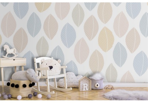 Wallpaper stylized nature leaves polka dots children.