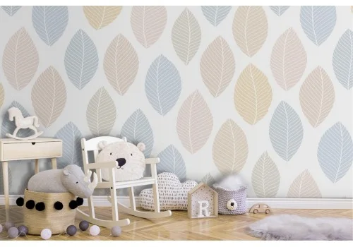 Wallpaper with stylized nature leaves and polka dots for children.