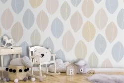 Wallpaper stylized nature leaves polka dots children.