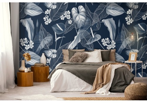 Wallpaper with stylized blue leaves nature.