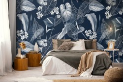 Wallpaper with stylized blue leaves nature.