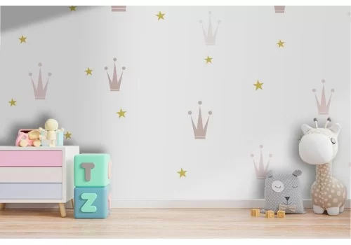 Carta da Parati bambini corone stilizzate oro.