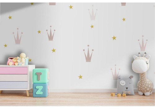 Children's wallpaper with stylized gold crowns.