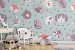 Stylized animal polka dot wallpaper for children.