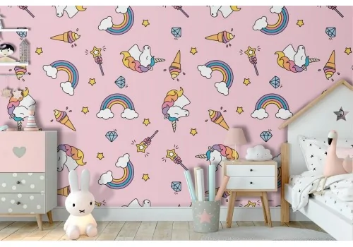 Unicorns and rainbows wallpaper decoration for children.