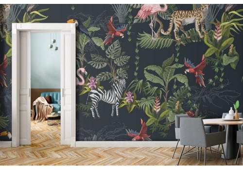 Abstract nature wallpaper with tropical leaves and animals.