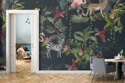 Abstract nature wallpaper with tropical leaves and animals.