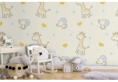 Animal wallpaper with giraffes and elephants for children.