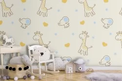 Animal wallpaper featuring giraffes and elephants for children.