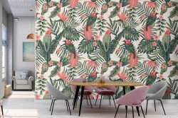Carta da Parati pappagallo e foglie tropicali natura pattern.