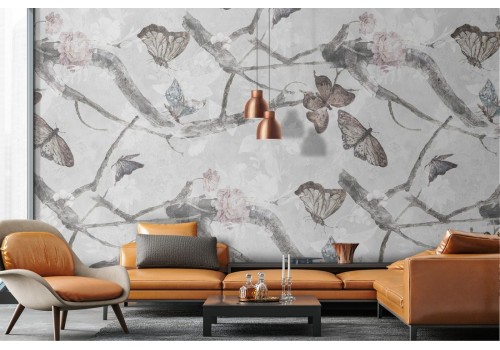 Modern nature wallpaper with butterflies and flowers.