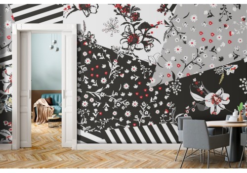 Wallpaper with stylized flowers and geometric patterns.