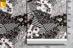 Wallpaper with stylized flowers and geometric patterns.