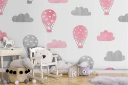 Carta da Parati mongolfiere e nuvole pattern bambini.