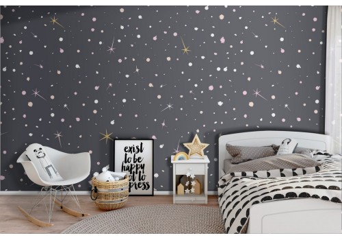 Children's wallpaper with stars and planets in the sky.