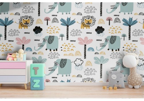 Wallpaper with stylized animals lions elephants for children.