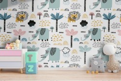 Carta da Parati animali leoni elefanti stilizzati bambini.