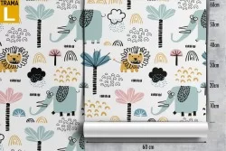 Wallpaper with stylized animals lions elephants for children.