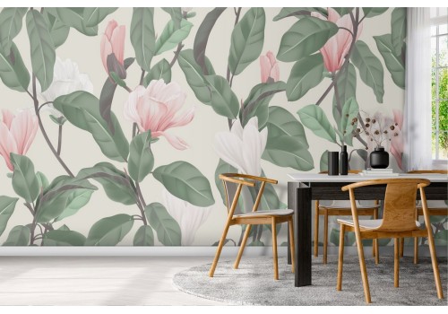 Pink flowers and nature leaves pattern wallpaper.