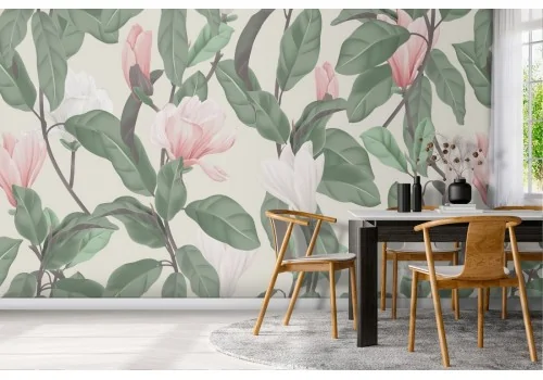 Pink flowers and nature leaves pattern wallpaper.