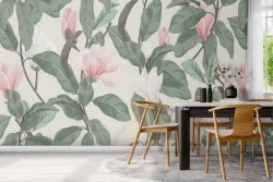Pink flowers and nature leaves pattern wallpaper.
