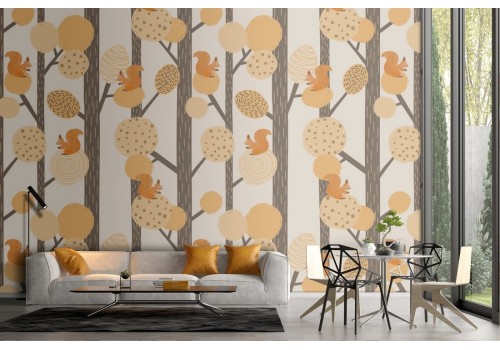 Children's wallpaper stylized trees autumn leaves.