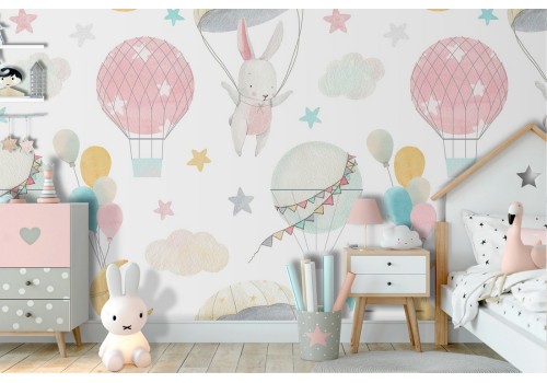Wallpaper with hot air balloons, rabbits and planets pattern for children.