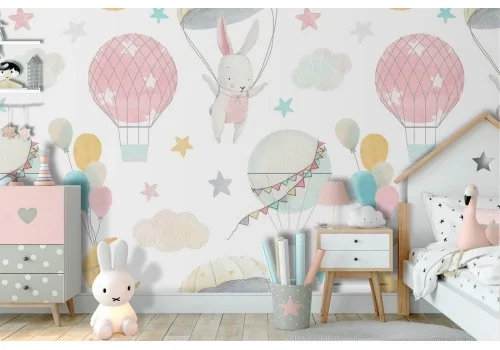 Wallpaper with hot air balloons, rabbits and planets pattern for children.