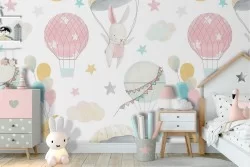 Carta da Parati mongolfiere conigli e pianeti pattern bambini.