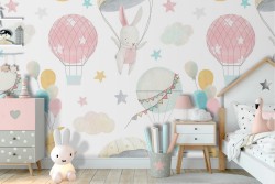 Wallpaper with hot air balloons, rabbits and planets pattern for children.