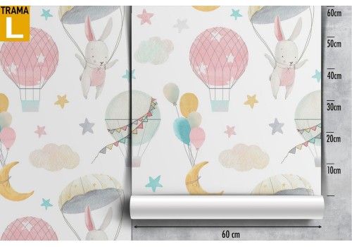 Wallpaper with hot air balloons, rabbits and planets pattern for children. 2