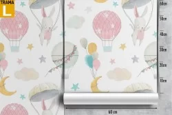 Carta da Parati mongolfiere conigli e pianeti pattern bambini.