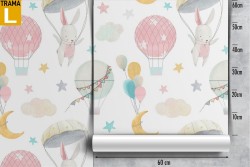 Wallpaper with hot air balloons, rabbits and planets pattern for children.