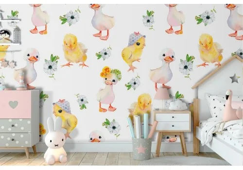 Wallpaper with chicks and ducklings decoration for children.
