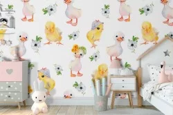 Wallpaper with chicks and ducklings decoration for children.