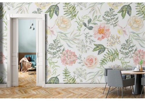 Vintage nature decoration wallpaper with leaves and flowers.