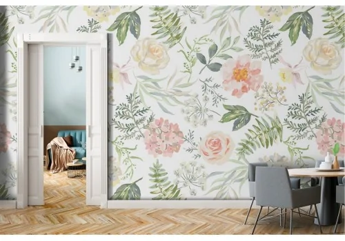 Vintage nature decoration wallpaper with leaves and flowers.