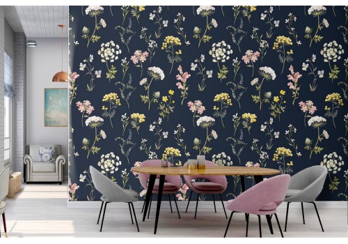 Vintage nature wallpaper with white and yellow flowers.