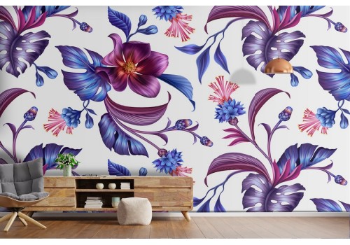 Purple flowers and nature leaves pattern wallpaper.