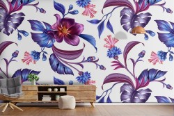 Purple flowers and nature leaves pattern wallpaper.
