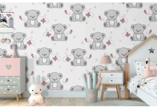 Wallpaper teddy bears and butterflies children animal pattern.