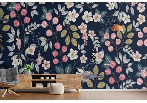 Vintage nature pattern wallpaper with flowers and leaves.