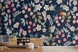 Vintage nature pattern wallpaper with flowers and leaves.