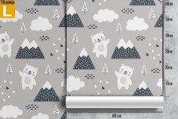 Wallpaper with stylized bears and mountains for children.