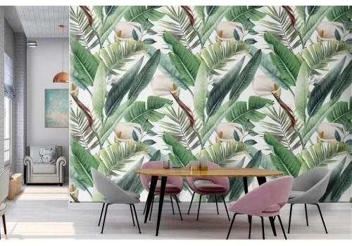 Carta da Parati foglie tropicali verdi pattern natura.