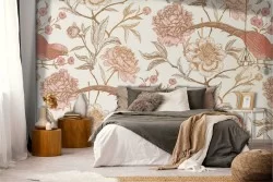 Wallpaper with flowers and birds vintage decoration.