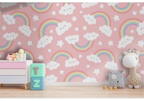 Rainbow and clouds children's wallpaper decoration.
